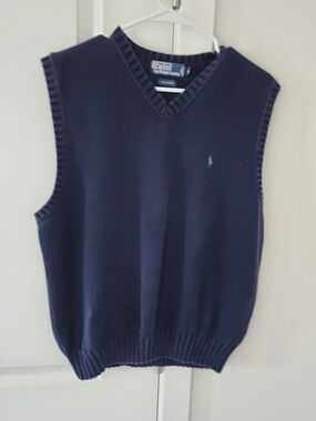 Vintage Ralph Lauren Men's Navy V-Neck Cotton Sweater Vest
